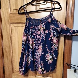 Rewind Navy and Pink Floral Cold Shoulder Blouse